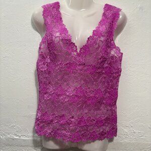 Josie Natori Rose Parfait Allover Lace Top Cami Lace Pink Scalloped Romantic L